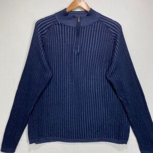 BACHRACH Men Pullover Sweater Navy Blue Ribbed Half Zip SZ XL Silk Cotton Blend